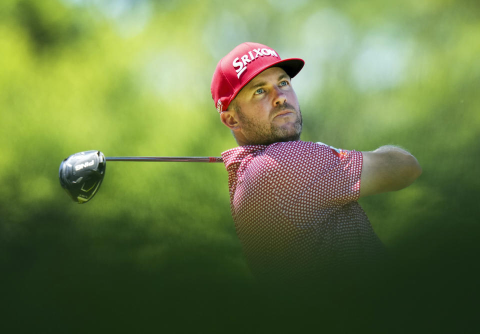 Canadian Taylor Pendrith hits his tee shot on the fourth hole during the second round of the Canadian Open golf tournament in Hamilton, Ontario, Friday May 31, 2024. (Nathan Denette/The Canadian Press via AP)