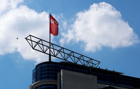 The flag of the Social Democratic Party (SPD) is pictured at the party's headquarters after leader Andrea Nahles announced to resign in Berlin