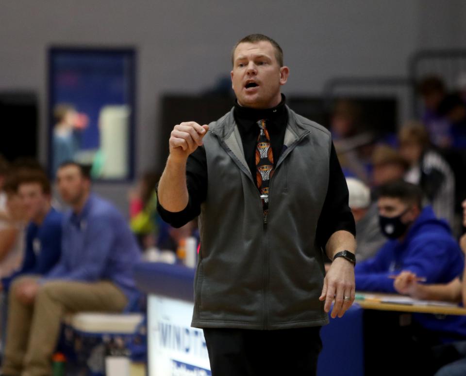 Quanah head basketball coach Payton Jackson in the game against Windthorst Tuesday, Jan. 26, 2021, in Windthorst.