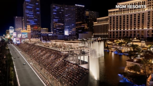 Rendering of grandstands in front of the Bellagio Fountain in Las Vegas