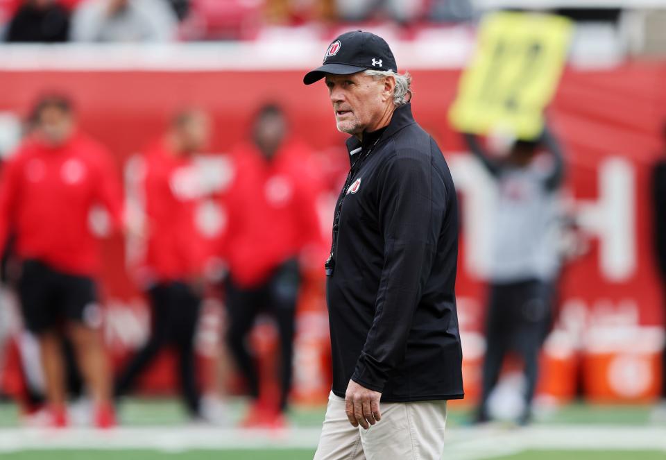 Utah coach Kyle Whittingham observes his team as the Utes participate in the 22 Forever Game at Rice-Eccles Stadium.