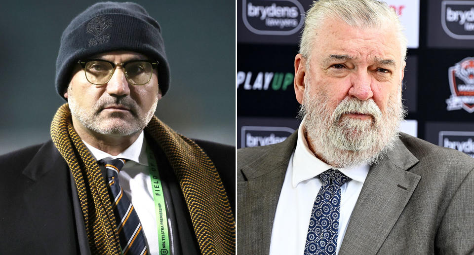 On the left is former Wests Tigers chair Lee Hagipantelis and interim CEO Shane Richardson on the right.