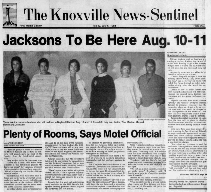 A page 1 News Sentinel article on July 6, 1984, announced the upcoming concerts at Neyland Stadium featuring Michael Jackson and his brothers.