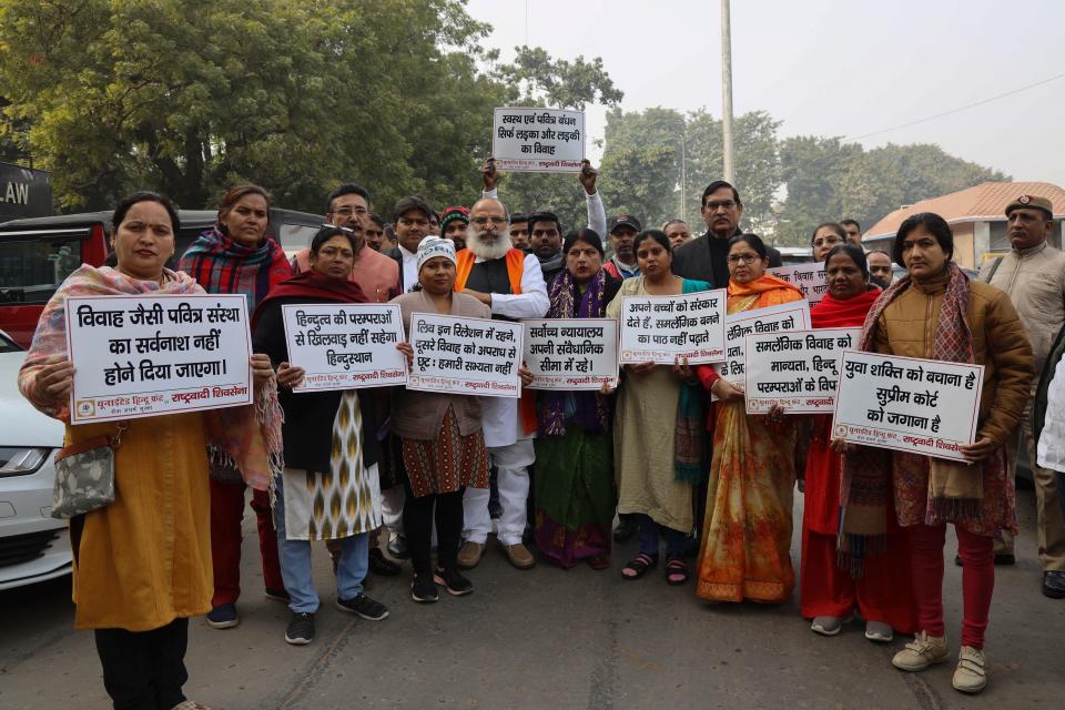 President of United Hindu Front Jai Bhagwan Goyal (C with beard) along with activists protest against same-sex marriage during a hearing outside the Supreme Court in New Delhi on January 6, 2023. / Credit: SHUBHAM KOUL/AFP/Getty