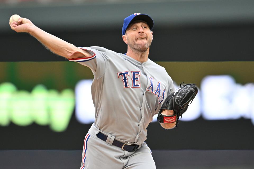 Aug 26, 2023; Minneapolis, Minnesota, USA; Texas Rangers starting pitcher Max Scherzer (31) throws a pitch against the Minnesota Twins during the first inning at Target Field. Mandatory Credit: Jeffrey Becker-USA TODAY Sports