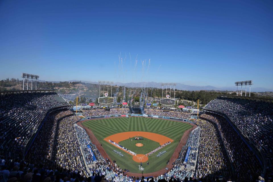 A view of Dodger Stadium during the national anthem prior to Game 3 of the 2021 NLCS.