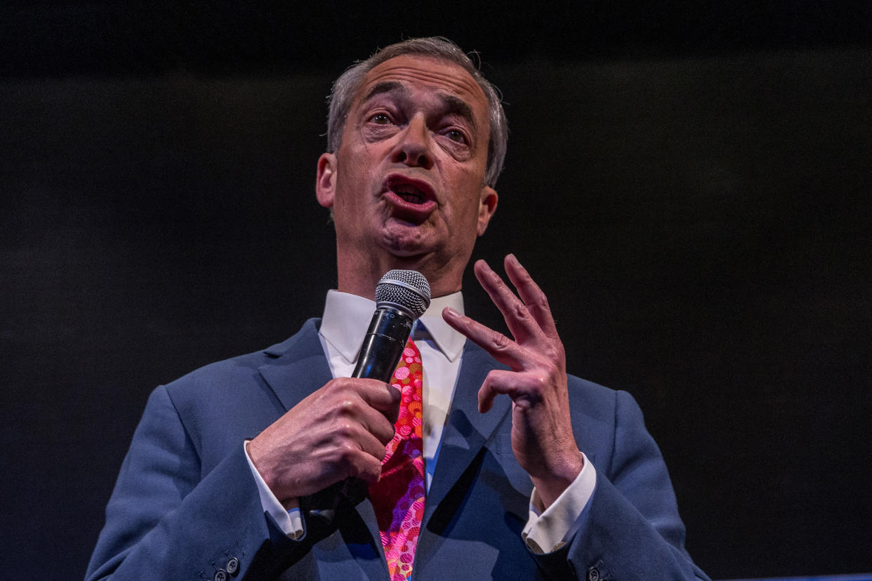 BRUSSELS, BELGIUM - APRIL 16: Nigel Farage, honorary president of the Reform UK party, gives a speech on Day 1 of The National Conservatism Conference at the Claridge on April 16, 2024 in Brussels, Belgium. The National Conservatism (NatCon) conference, attended by 500 delegates over two days, features speeches from former UK Home Secretary Suella Braverman and Hungary's Prime Minister Viktor Orbán, among others. Originally slated for Concert Noble, the venue was changed due to pressure from Brussels Mayor Philippe Close. (Photo by Omar Havana/Getty Images)