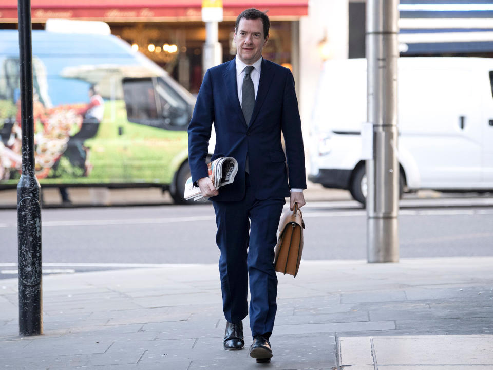 Britain's former Chancellor of the Exchequer, George Osborne, arrives on his first day at work as editor of the London Evening Standard newspaper in London on May 2, 2017: AFP/Getty