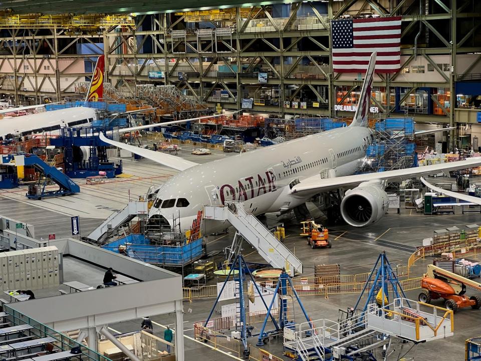 Boeing 787s sit in Boeing's assembly line in Washington in June 2022.