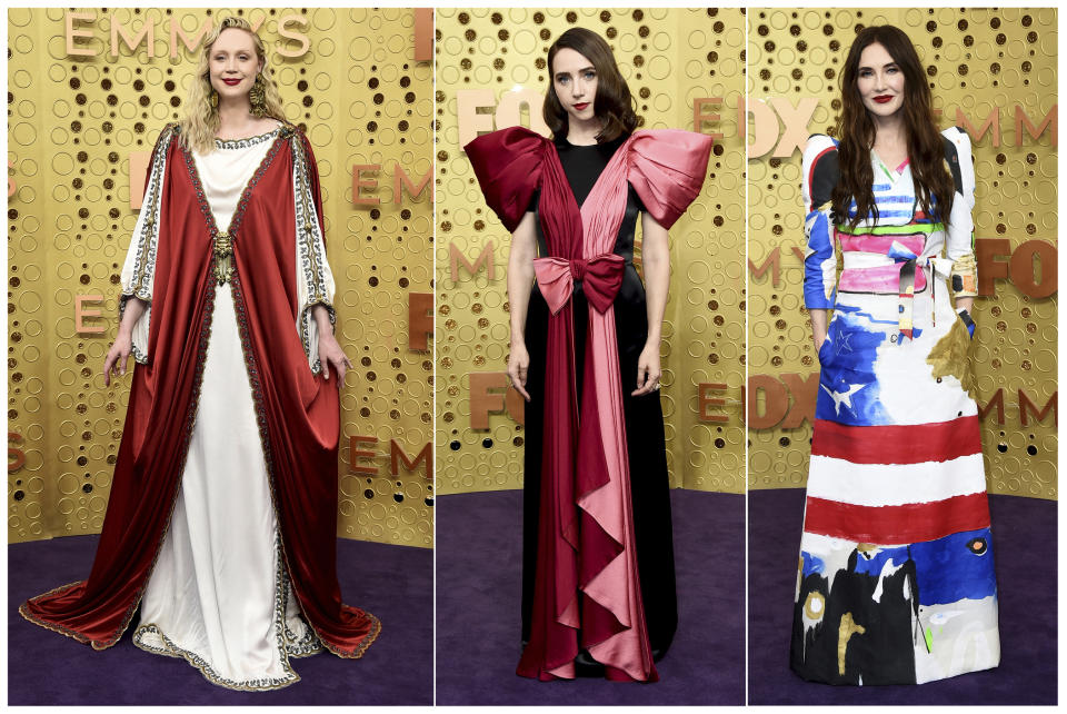 This combination photo shows, from left, Gwendoline Christie, from "Game of Thrones," Zoe Kazan, from "The Deuce," and Carice van Houten, from "Game of Thrones," at the 71st Primetime Emmy Awards in Los Angeles on Sept. 22, 2019. (AP Photo)