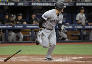 New York Yankees' Anthony Rizzo watches his RBI single off Tampa Bay Rays starter Taj Bradley during the fourth inning of a baseball game Friday, May 10, 2024, in St. Petersburg, Fla. (AP Photo/Steve Nesius)