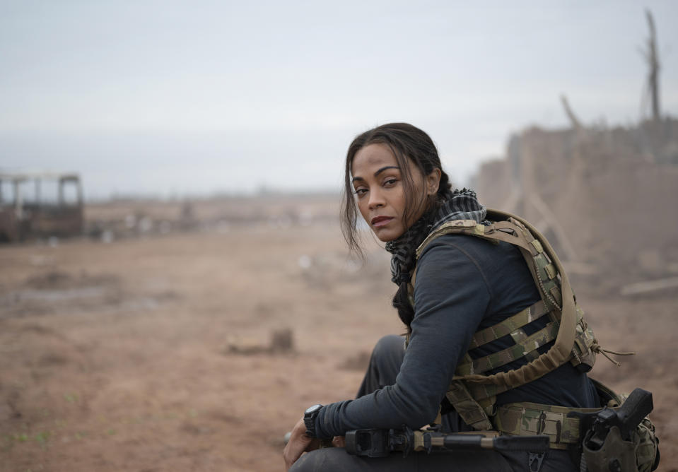 This image released by Paramount+ shows Zoe Saldana in a scene from "Special Ops: Lioness." (Lynsey Addario/Paramount+ via AP)