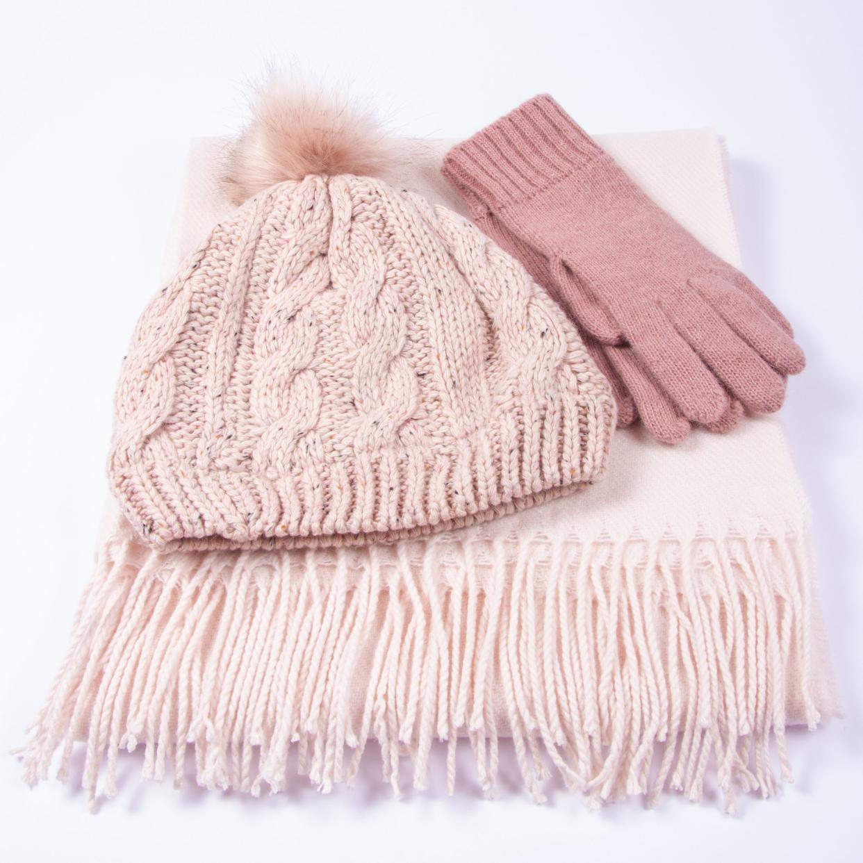 pink hat, scarf and gloves
