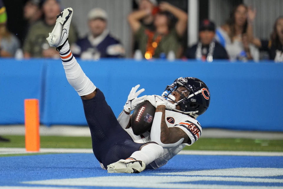 Chicago Bears wide receiver Velus Jones Jr. drops a pass in the end zone during the first half of an NFL football game against the Los Angeles Chargers, Sunday, Oct. 29, 2023, in Inglewood, Calif. (AP Photo/Ashley Landis)