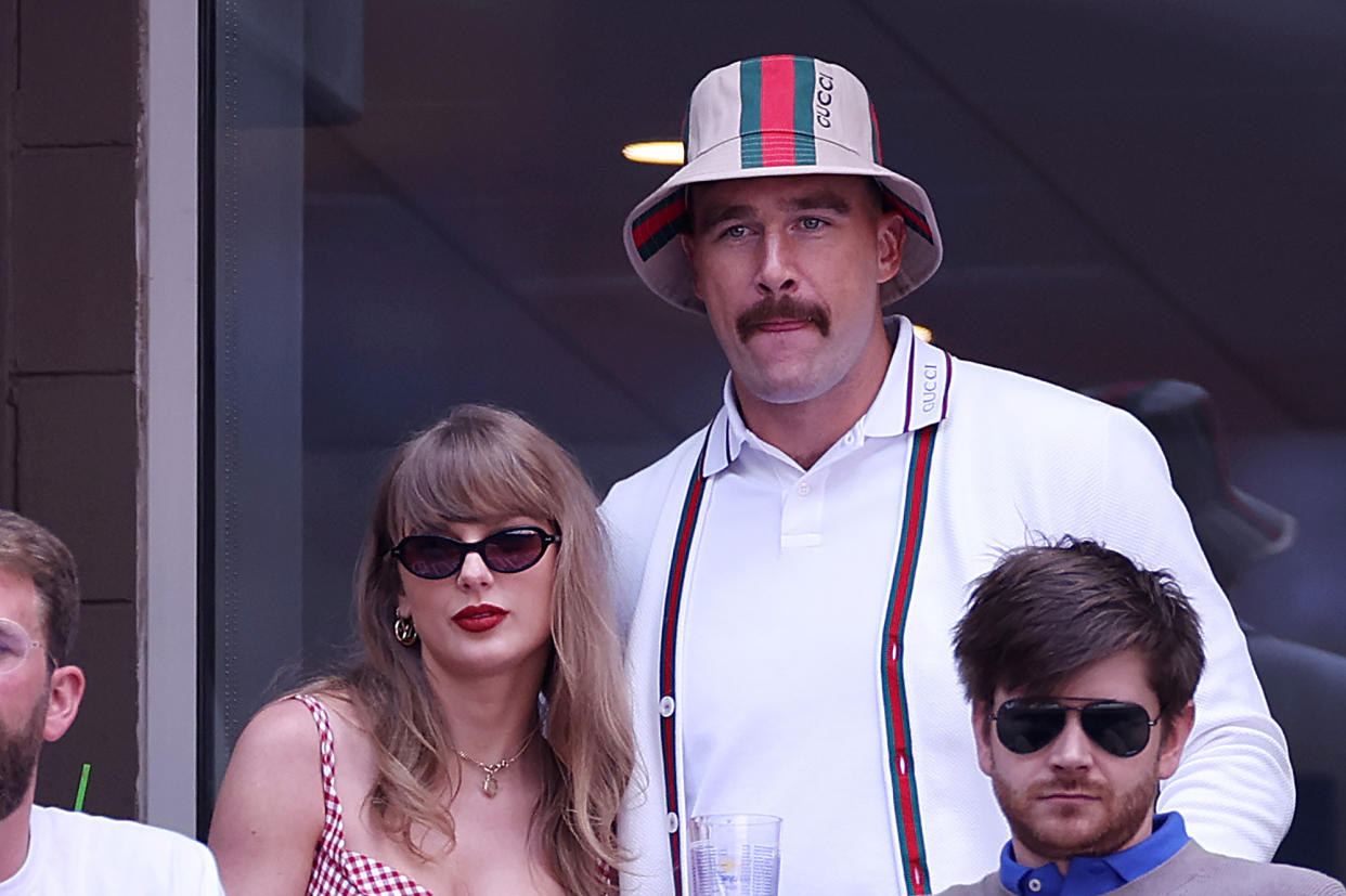 NEW YORK, NEW YORK - SEPTEMBER 08: Singer-songwriter Taylor Swift and Travis Kelce of the Kansas City Chiefs attend the Men's Singles Final match between Taylor Fritz of the United States and Jannik Sinner of Italy on Day Fourteen of the 2024 US Open at USTA Billie Jean King National Tennis Center on September 08, 2024 in the Flushing neighborhood of the Queens borough of New York City. (Photo by Sarah Stier/Getty Images)