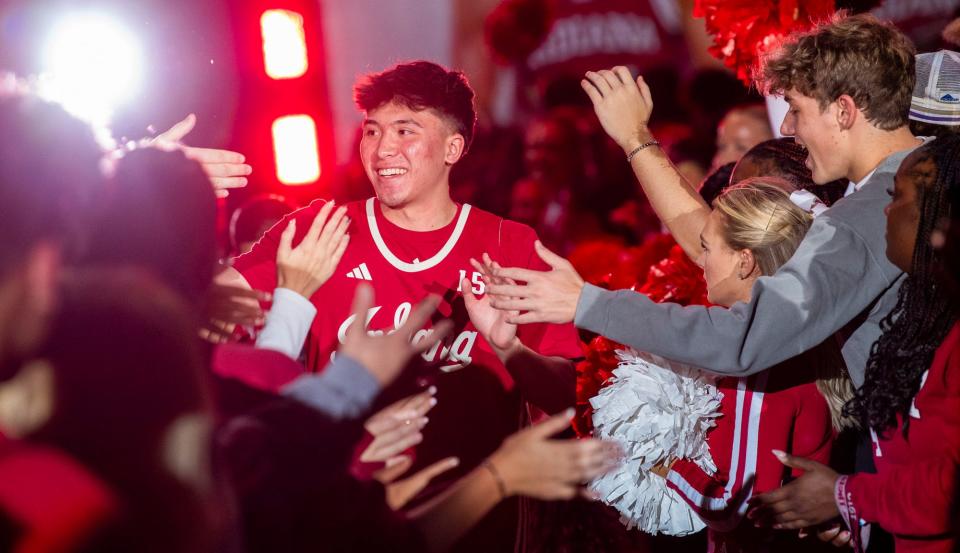 Indiana's James Goodis is announced during Hoosier Hysteria at Simon Skjodt Assembly Hall on Friday, October 20, 2023.