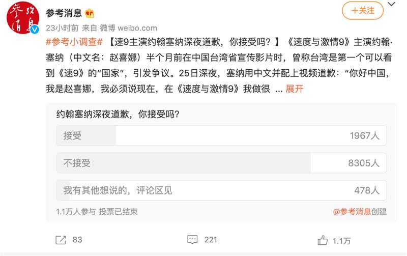 中國網友對於道歉不滿意。（圖／翻攝自參考消息微博）