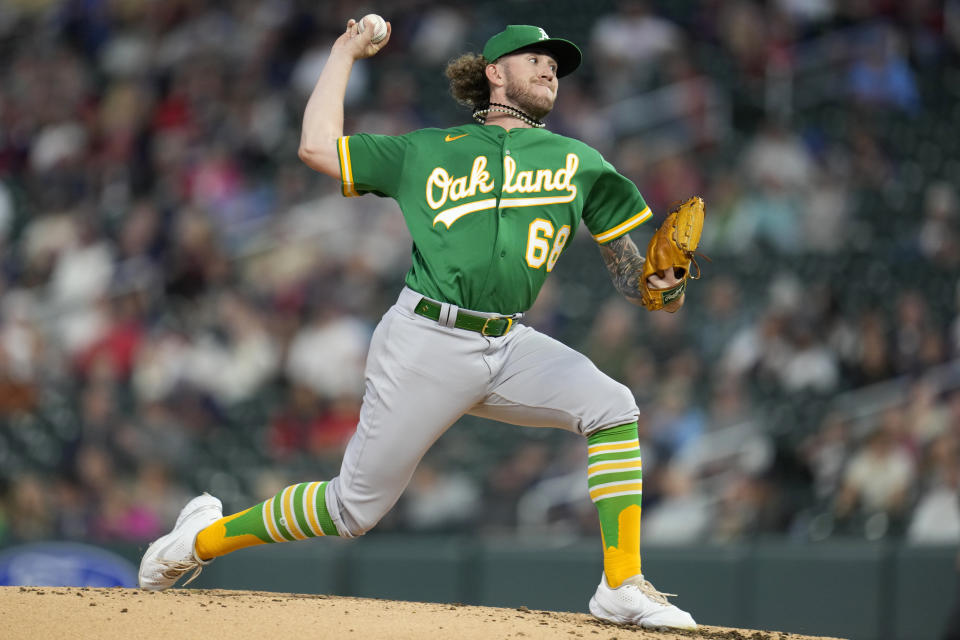 Oakland Athletics starting pitcher Joey Estes delivers during the second inning of the team's baseball game against the Minnesota Twins, Wednesday, Sept. 27, 2023, in Minneapolis. (AP Photo/Abbie Parr)