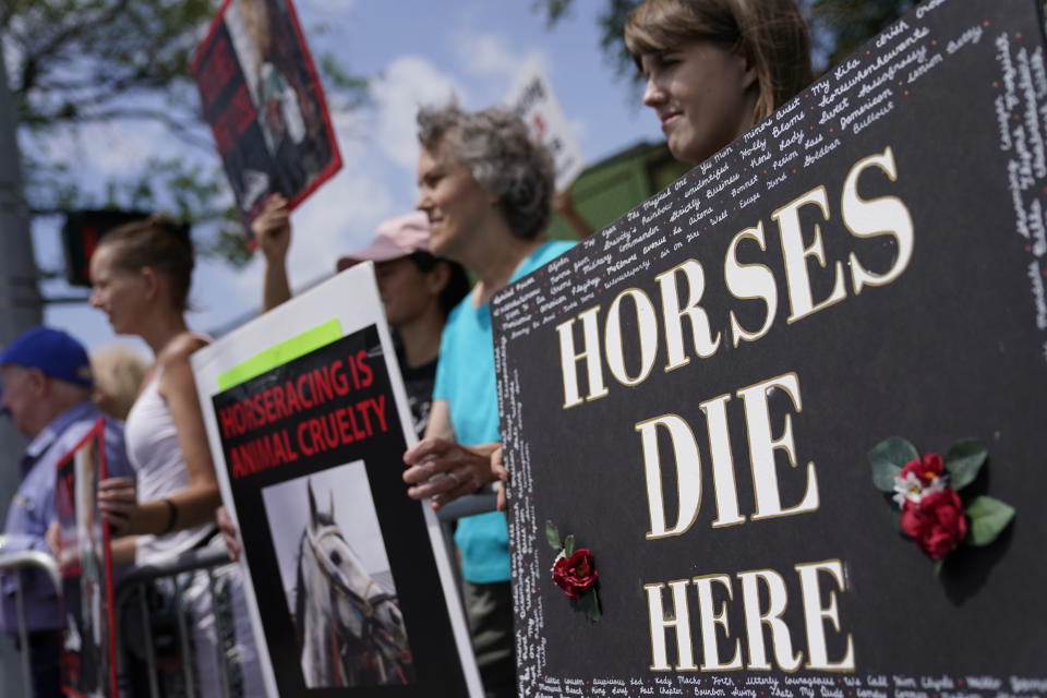 Protestors stand outside an entrance gate with signs decrying the sport of horse racing ahead of the Belmont Stakes horse race, Saturday, June 10, 2023, at Belmont Park in Elmont, N.Y. (AP Photo/John Minchillo)