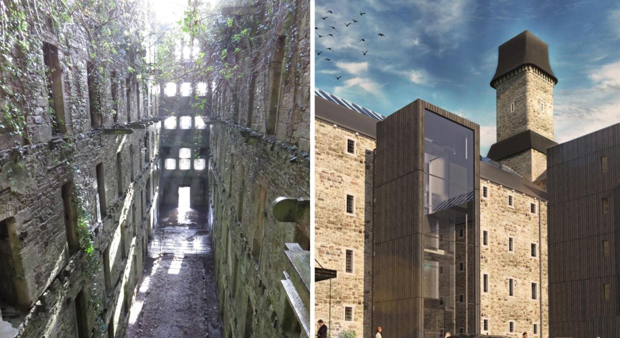 Bodmin Jail (left) had gone to ruin before it was revamped into a modern hotel (Twelve Architects)