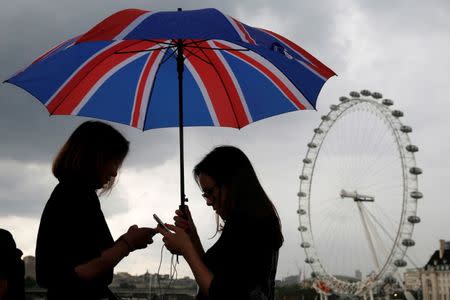 FILE PHOTO - Women look at their phones under a Union Flag umbrella, near the London Eye in London, Britain June 11, 2016. REUTERS/Luke MacGregor