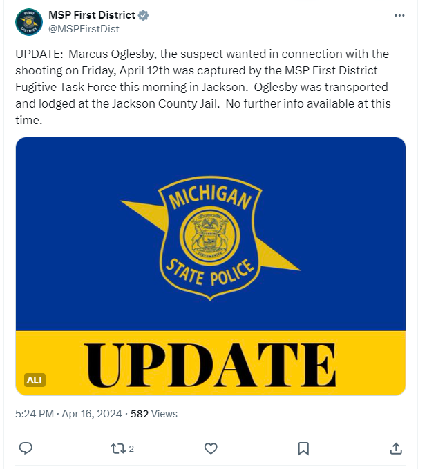 Screenshot of the Michigan State Police X post announcing the apprehension of Marcus Oglesby, 31. (WLNS)