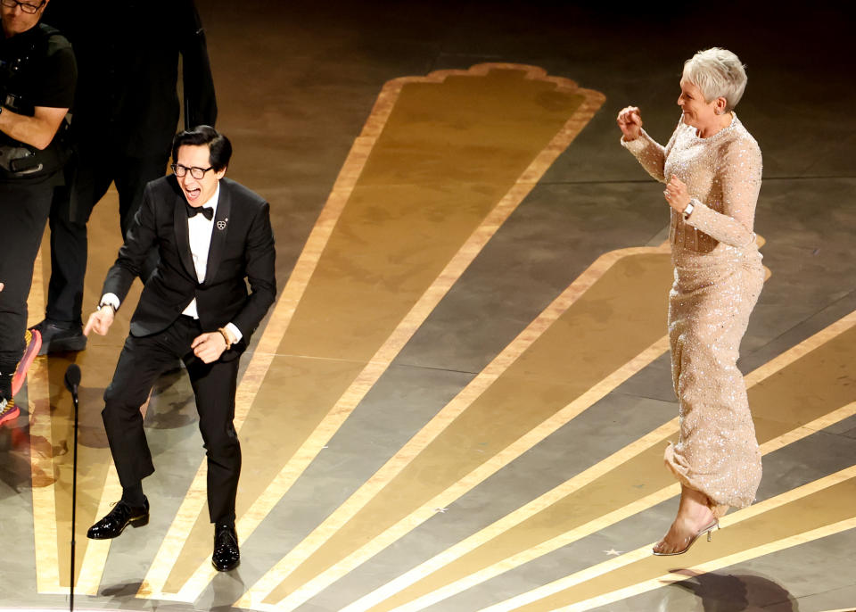 Ke Huy Quan and Jamie Lee Curtis celebrate at the 95th Annual Academy Awards. (Photo by Rich Polk/Variety via Getty Images)
