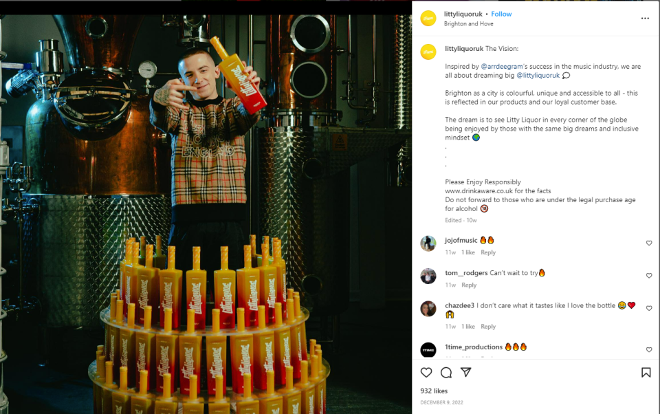 An Instagram post for Litty Liquor featuring the rapper ArrDee that has been banned by the Advertising Standards Authority (ASA/PA)