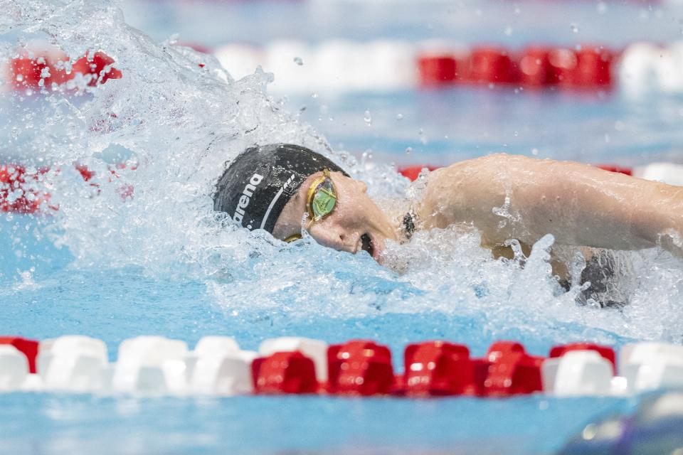 Penn High School junior Lilian Christianson competes in the Girls 100 Yard Freestyle during an IHSAA Girlsâ€™ Swimming state championship, Saturday, Feb. 11, 2023, at IU Natatorium in Indianapolis.