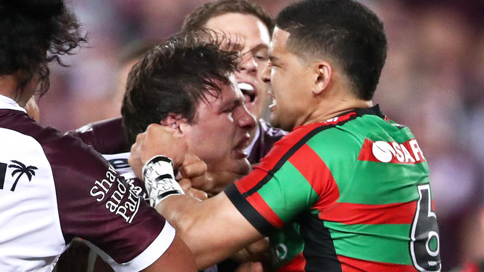 Cody Walker, pictured right, was sin-binned after tangling with Manly's Jack Gosiewski, left.