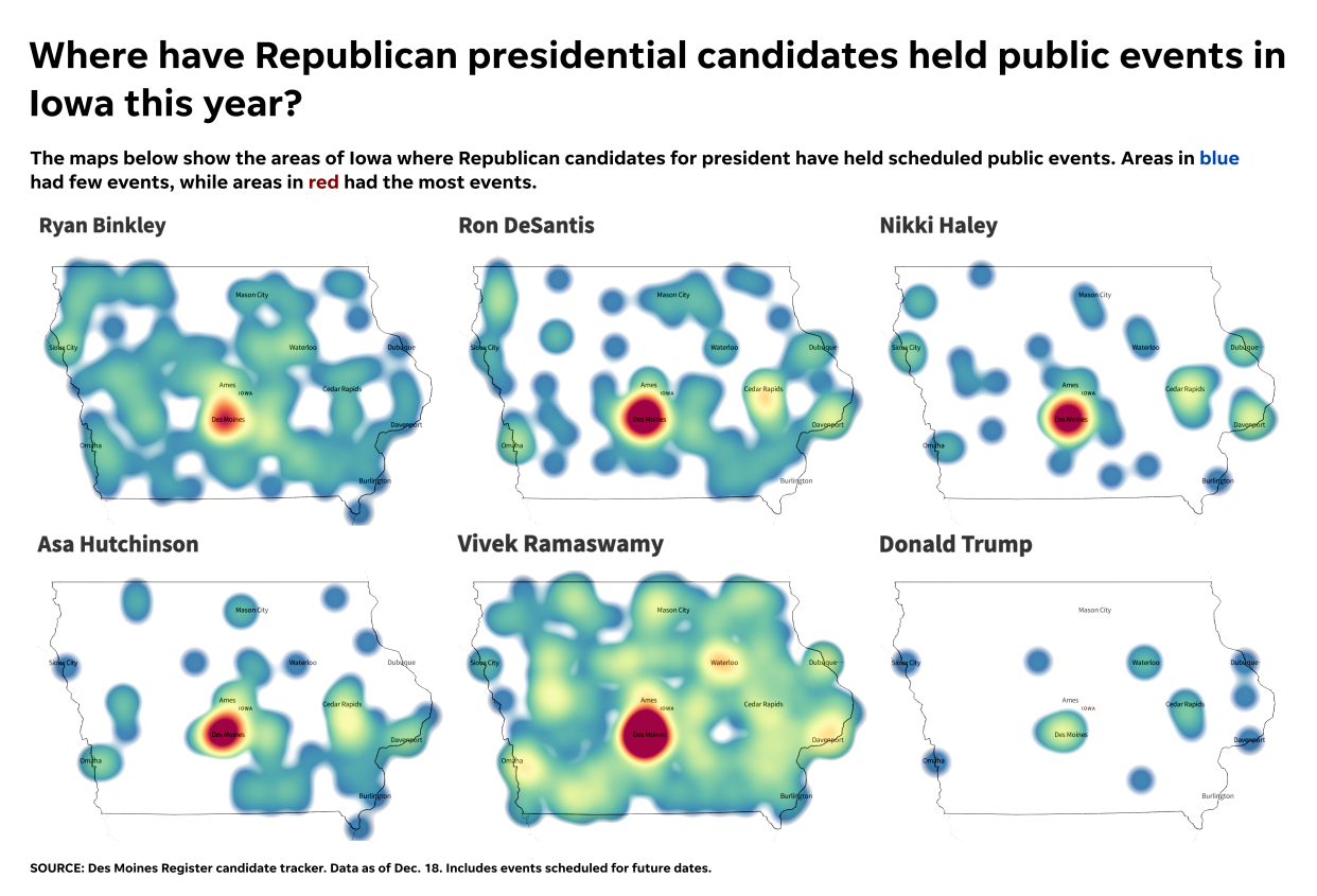 These heat maps show the areas of Iowa where Republican candidates for president have held scheduled public events. Areas in blue had few events for that candidate, while areas in red had the most events.
