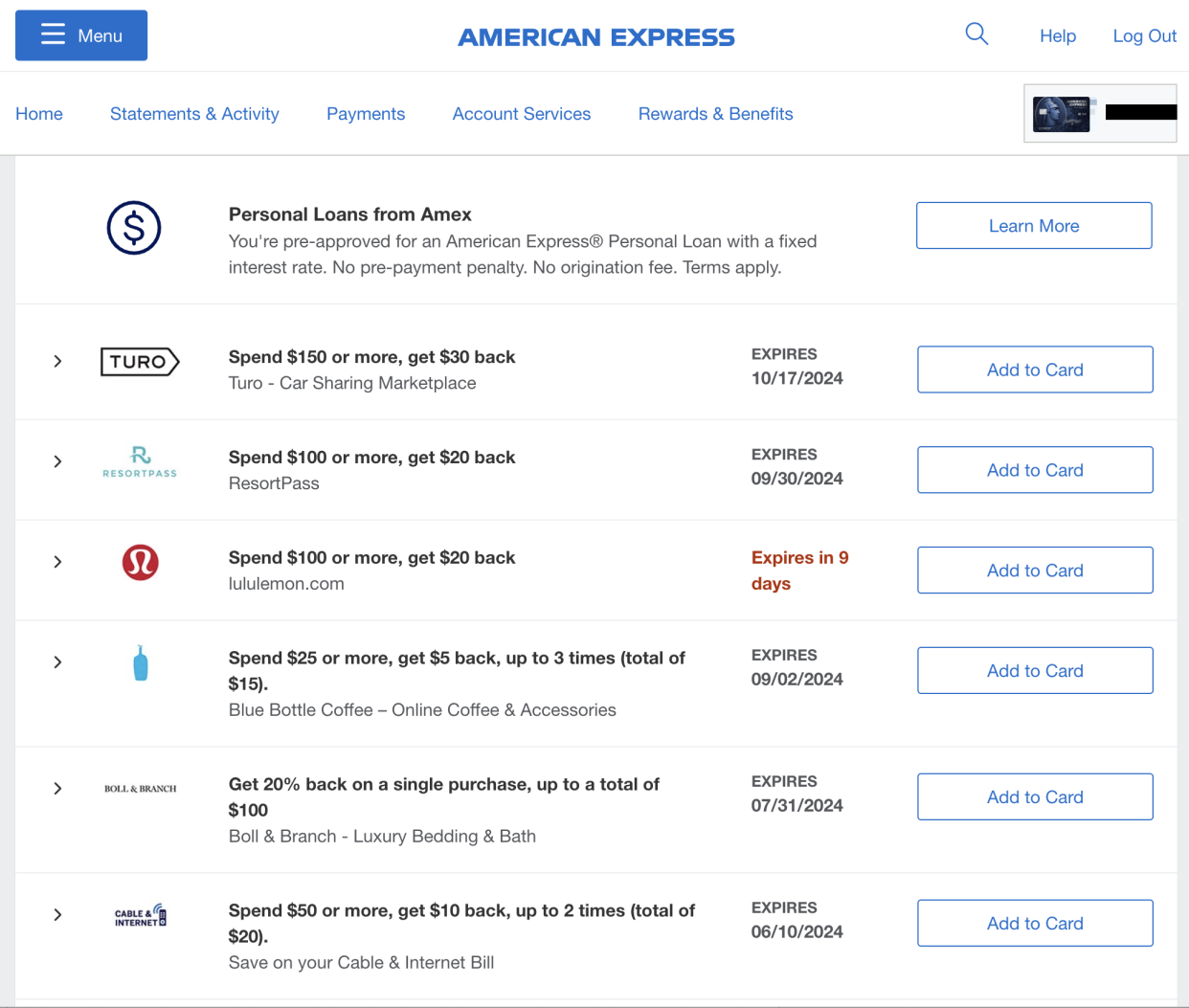 Screenshot of Amex Offers