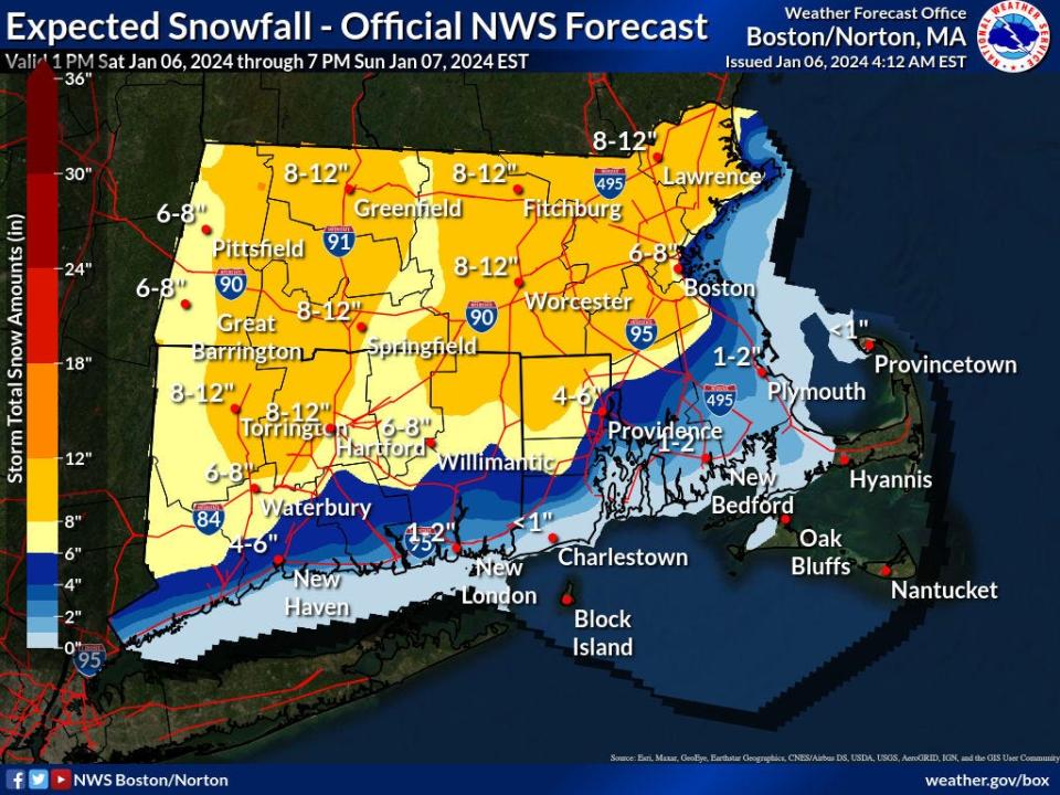 The National Weather Service snowfall forecast for this weekend's storm, issued Saturday morning.