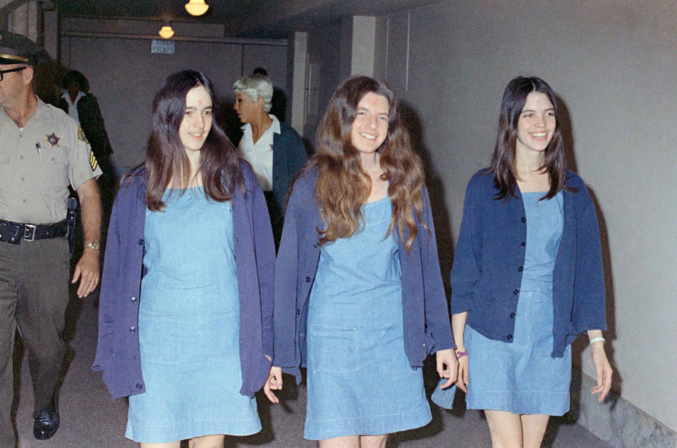 <p>Charles Manson followers, from left: Susan Atkins, Patricia Krenwinkel and Leslie Van Houten, walk to court to appear for their roles in the 1969 cult killings of seven people, including pregnant actress Sharon Tate, in Los Angeles, Calif., on Aug. 20, 1970. California Gov. Jerry Brown is denying parole for Van Houten, the youngest follower of murderous cult leader Charles Manson. The Democratic governor said Friday, July 22, 2016, Van Houtenâs âinability to explain her willing participation in such horrific violenceâ led him to believe she remained an unreasonable risk to society. (Photo: George Brich/AP) </p>