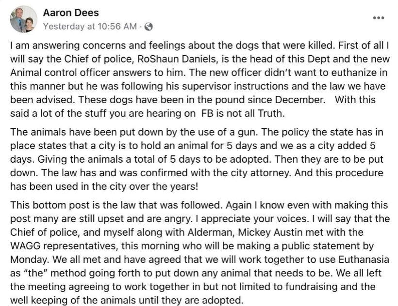 The Mayor of Winona speaks against the killing of dogs that had been suffering in a local animal shelter since December of 2022.