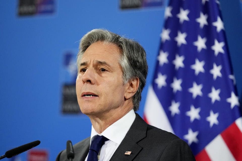 United States Secretary of State Antony Blinken speaks during a media conference after a meeting of NATO foreign ministers at the Czernin Palace, in Prague, Friday, May 31, 2024. (AP Photo/Petr David Josek, Pool)