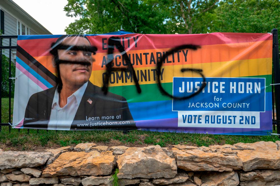 A campaign sign for Justice Horn, a candidate for the Jackson County Legislature, was recently defaced with a homophobic slur.