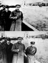 Joseph Stalin en el Canal Moscú el 22 de abril de 1937 con y sin Nikolai Yezhov quien fue "borrado" de la imagen tras ser condenado y ejecutado por traición en 1940,