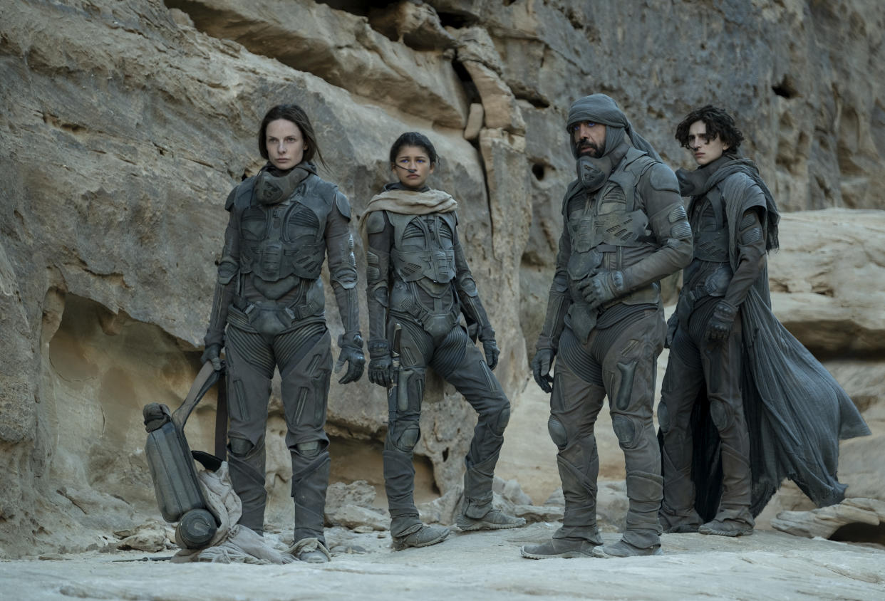 (L-r) Rebecca Ferguson as Lady Jessica Atreides, Zendaya as Chani, Javier Bardem as Stilgar, and Timothée Chalamet as Paul Atreides in Warner Bros. Pictures’ and Legendary Pictures’ action adventure Dune (Warner Bros)