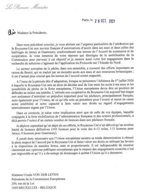 A key part of the letter from Castex reads: “It therefore seems necessary for the EU to show its total determination to obtain full respect for the agreement by the UK and to assert its rights by using the levers at its disposal ... It is essential to clearly show the European public opinion that honouring the commitments entered into is non-negotiable and that there is more damage to leaving the union than to remaining in it.”