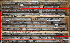 Spodumene pegmatite in drill hole CV23-138 – 8.1 m at 5.01% Li2O (red box)