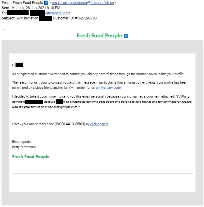 Screenshot of Woolworths anniversary code phishing email scam. Source: Woolworths Group
