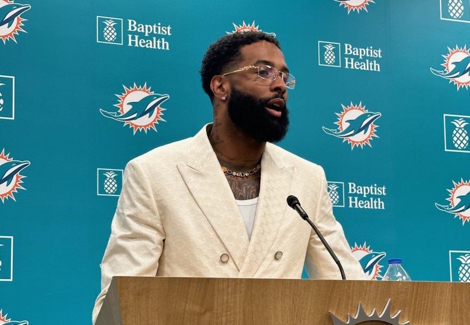 Odell Beckham, Jr. is introduced to the Miami Dolphins media at Miami Gardens.