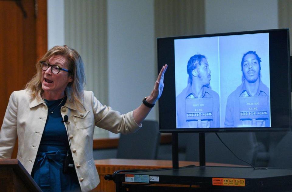 Jackson County Prosecutor Jean Peters Baker gives her closing arguments on behalf of Kevin Strickland’s innocence after a third day of evidentiary hearings on Wed., Nov 10, 2021 in Jackson County Circuit Court in Kansas City. Strickland has been incarcerated for the past 43 years for a triple murder many people, including Baker, believe he did not commit. Baker and her team are working to exonerate Strickland.