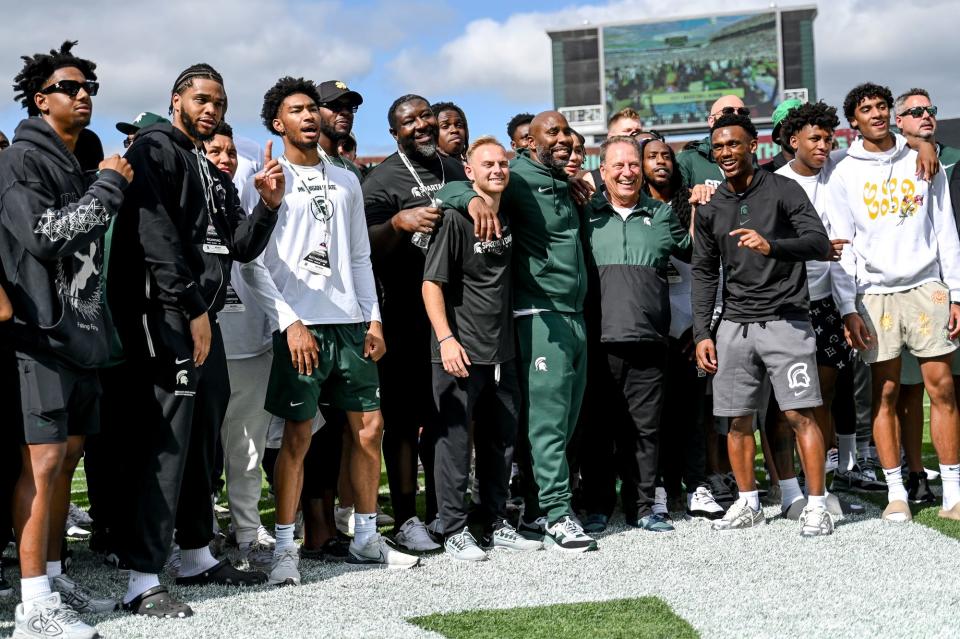 Former and current Michigan State basketball players are recognized during the first quarter in the game against Richmond on Saturday, Sept. 9, 2023, at Spartan Stadium in East Lansing.