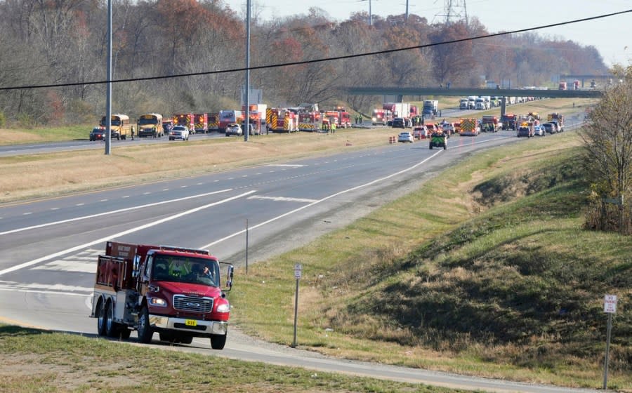 Both directions of Interstate 70 are closed in Licking County, Ohio, near the State Route 310 interchange after a fatal accident on Tuesday, Nov. 14, 2023. A charter bus carrying students from a high school was rear-ended by a semi-truck on the Ohio highway. (Barbara Perenic /The Columbus Dispatch via AP)