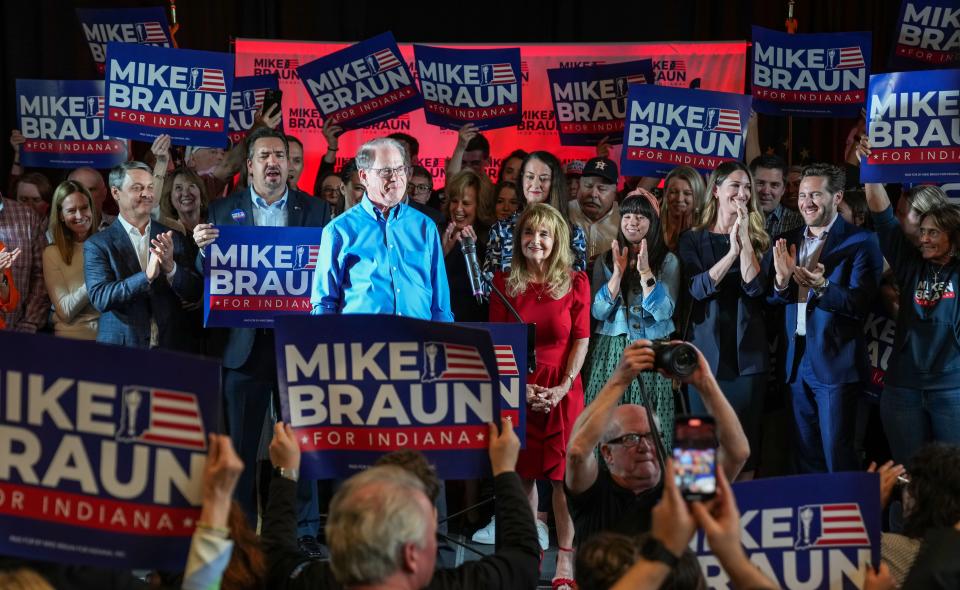 Sen. Mike Braun speaks to a crowd after winning the G.O.P nomination for governor Tuesday, May 7, 2024, during a watch party at Moontown Brewery in Whitestown.