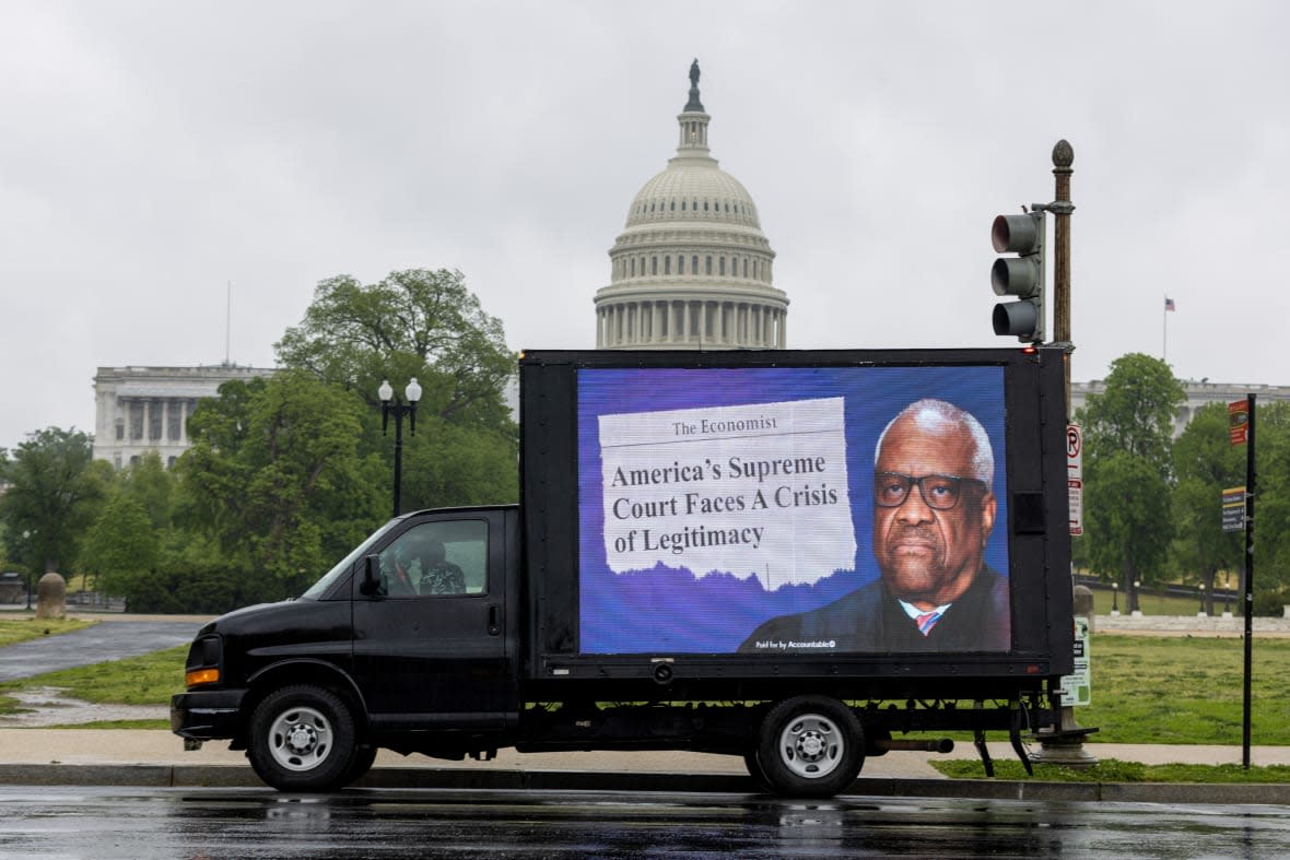 WASHINGTON, DC – APRIL 28: A mobile billboard showing Supreme Court Chief Justice Roberts is seen outside the U.S. Capitol on April 28, 2023 in Washington, DC. Government watchdog Accountable.US is holding Supreme Court Chief Justice Roberts accountable for his inaction following recent ethics issues among the Court. (Photo by Tasos Katopodis/Getty Images for Accountable.US)