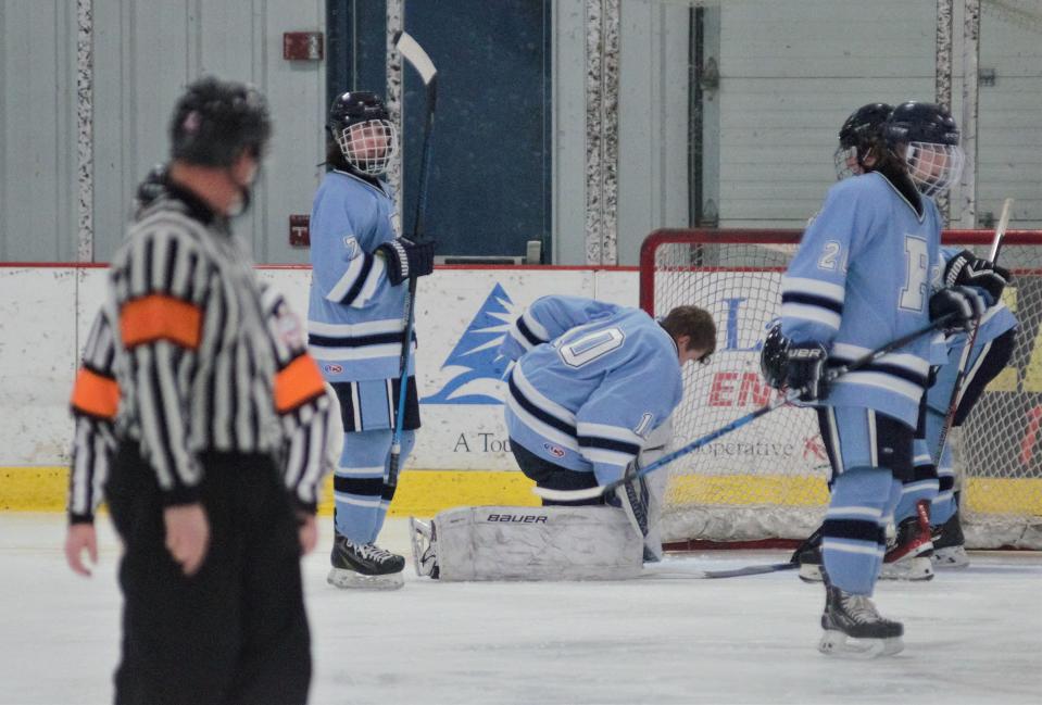 Petoskey's Nick Timm took a couple of hits on Wednesday evening in a hockey matchup with Gaylord, but stayed in the game to complete a shutout.
