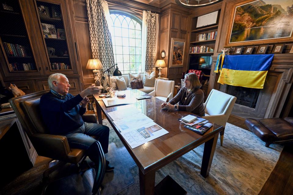 Dell Loy Hansen talks with his cousin Lucinda Wiser, who is visiting at his home in Holladay, after they watched a home gifting live on a Zoom meeting in Ukraine on Thursday, Sept. 28, 2023. | Scott G Winterton, Deseret News